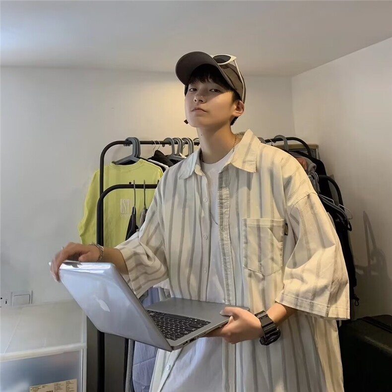 韩系ins休闲条纹撞色短袖衬衫设计感工装cityboy日系复古情侣衬衣,男装T恤,星座410-6（原星座1304-1）