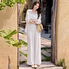 韩系慵懒防晒衬衫吊带阔腿裤三件套女2026夏季穿搭松弛感休闲套装，女装套装/套裙，意芙