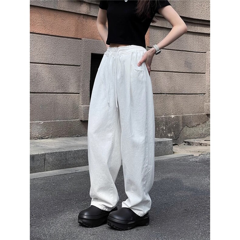 松弛感日系白色工装裤休闲裤子女2025夏季松紧腰运动高腰阔腿裤子图片