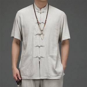 夏季新款男士刺绣风短袖套装中年爸爸装薄款唐装JZ2005-P100图片