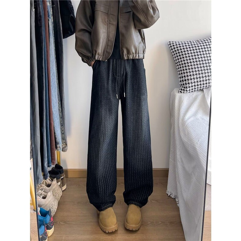 竹节纹牛仔裤男款春秋冬季宽松直筒加绒加厚休闲裤子XK8098/P50,男装休闲裤,星座506