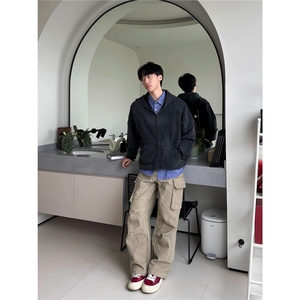 美式复古水洗做旧连帽拉链卫衣男女2025秋季新款宽松百搭外套上衣图片