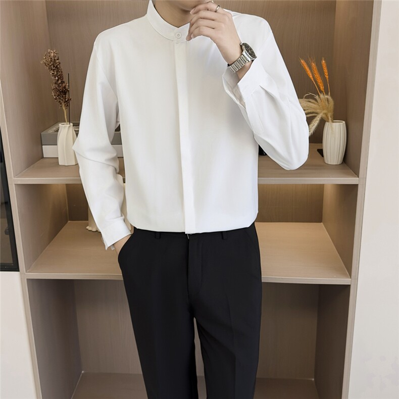 新中式长袖衬衫男士春秋季高级垂感休闲立领衬衣免烫抗皱暗钮上衣,男装衬衫,星座410-6（原星座1304-1）