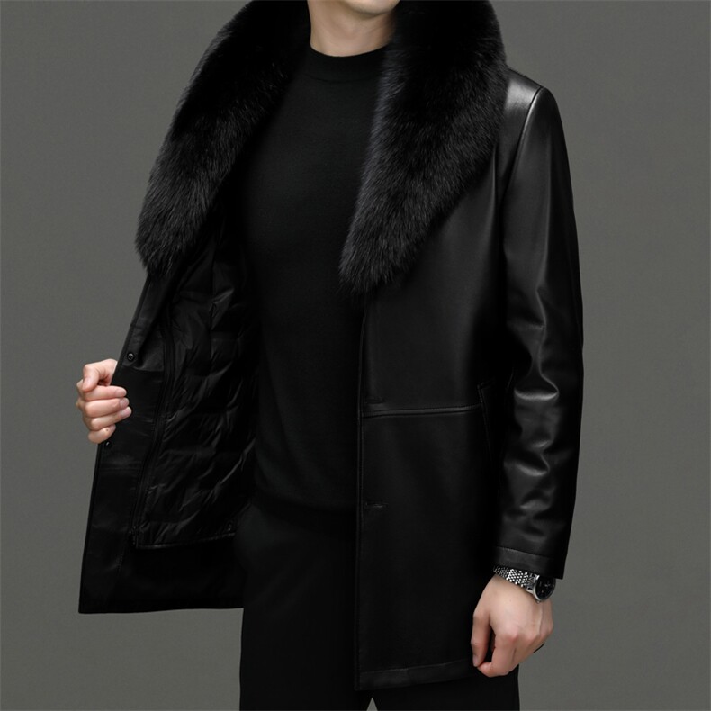 冬季新款海宁真皮羽绒服男中长款外套可脱卸内胆狐狸毛领P1250,男装羽绒服,电商B360A（原721A）
