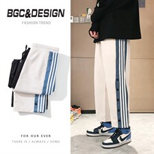 2021港风排扣裤子男直筒阔腿裤三条杠卫裤运动裤XZ207-K1017P30，男装休闲裤，星座207