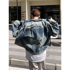 A198-P75韩系复古破坏重磅水洗牛仔夹克男潮牌休闲百搭高街，男装夹克，电商B323A