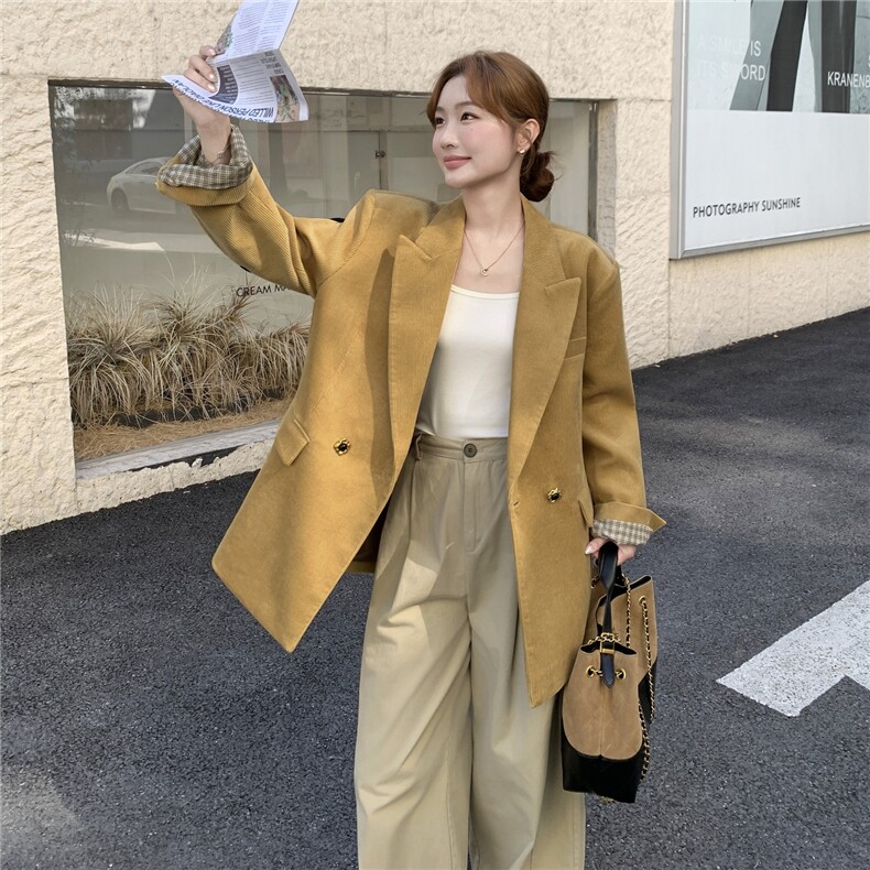 复古轻熟风黄色格纹拼接翻袖西装外套女2025秋季气质时髦淡人西服,女装西装,2C198