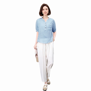 薄款棉麻休闲套装女夏季2025新款中年妈妈时尚洋气亚麻衬衫两件套图片
