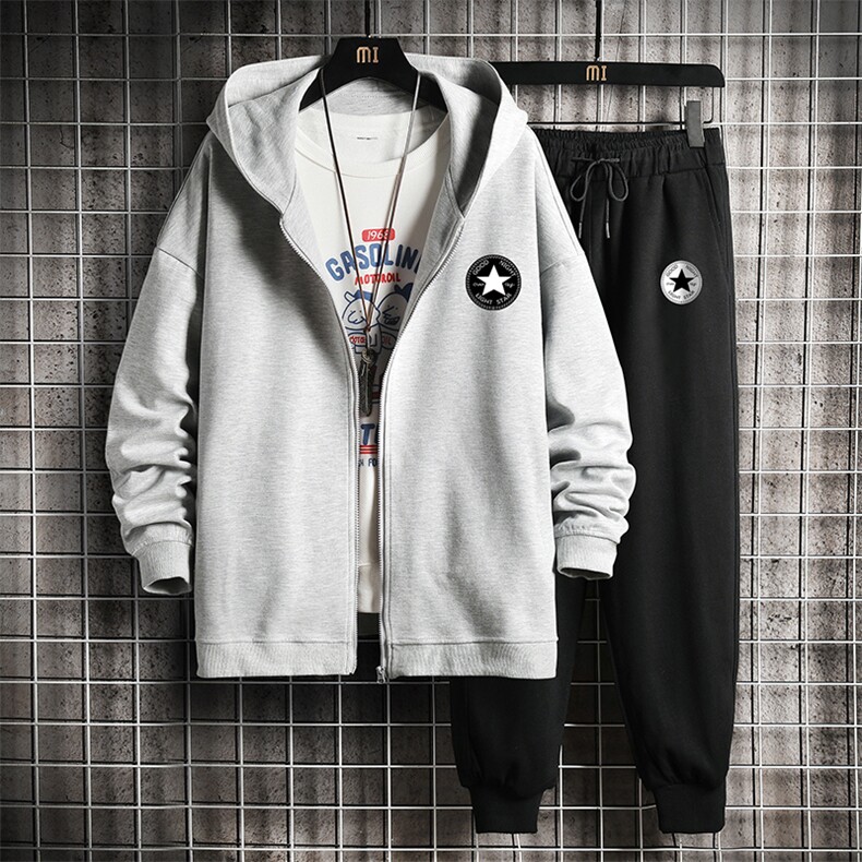 TK6008-P85开衫连帽卫衣套装男运动套装两件套网格挂拍,男装休闲套装,电商A040A