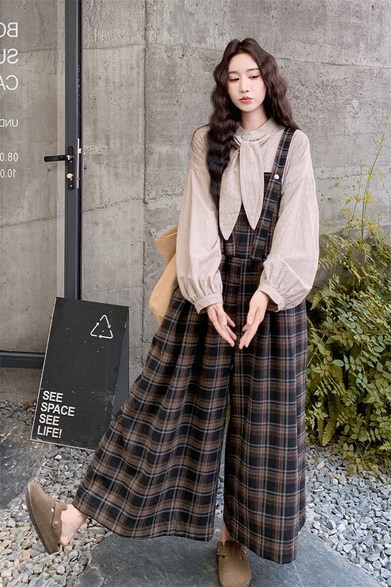 慵懒松弛感格子背带裤衬衣显瘦套装女2025年春秋季新款韩系两件套,女装套装/套裙,2C007
