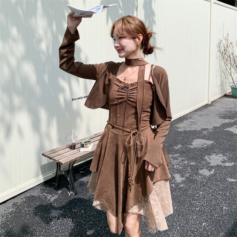 美拉德穿搭2025秋季新款吊带裙开衫两件套女辣妹废土风连衣裙套装,女装套装/套裙,2C267