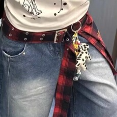 大码美式复古高街格子拼接解构水洗牛仔裤女夏高腰宽松阔腿弯刀裤，男装牛仔裤，星座506A