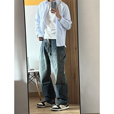美式高街牛仔裤男潮牌复古微喇裤子潮牌宽松直筒阔腿长裤，男装牛仔裤，四季星座505