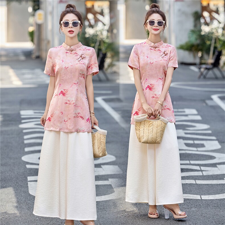 新中式盘扣旗袍印花上衣阔腿裤两件套女夏季新款时尚显瘦国风套装，女装套装/套裙，艾仟回(原伊仟回)