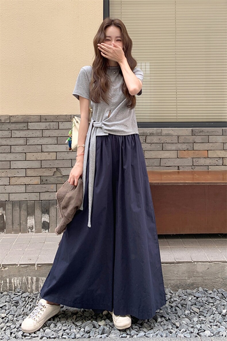 设计感不规则短袖套装女2025夏新款休闲系带上衣显瘦阔腿裤套装女,女装套装/套裙,浙宝220