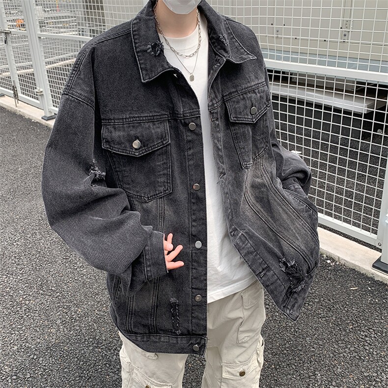 秋季新款港风复古水洗高质量拼接款翻领牛仔夹克潮insJK1296-P63,男装夹克,星座313A(原308A-2)