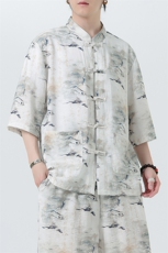 2025夏季新款风男装盘扣新中式唐装竹叶印花衬衫C113-P50，男装衬衫，电商B277(原6028)