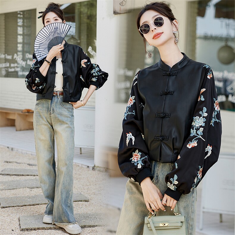 新中式国风皮衣外套女2025春季新款爆款高级感拼接刺绣盘扣皮夹克，女装皮衣，天使之佳话