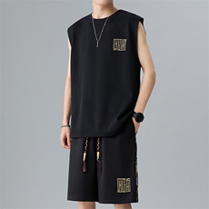 拼接短裤两件套夏季男士背心套装男刺绣休闲运动A266-TZ1107-P43，男装牛仔裤，电商A266