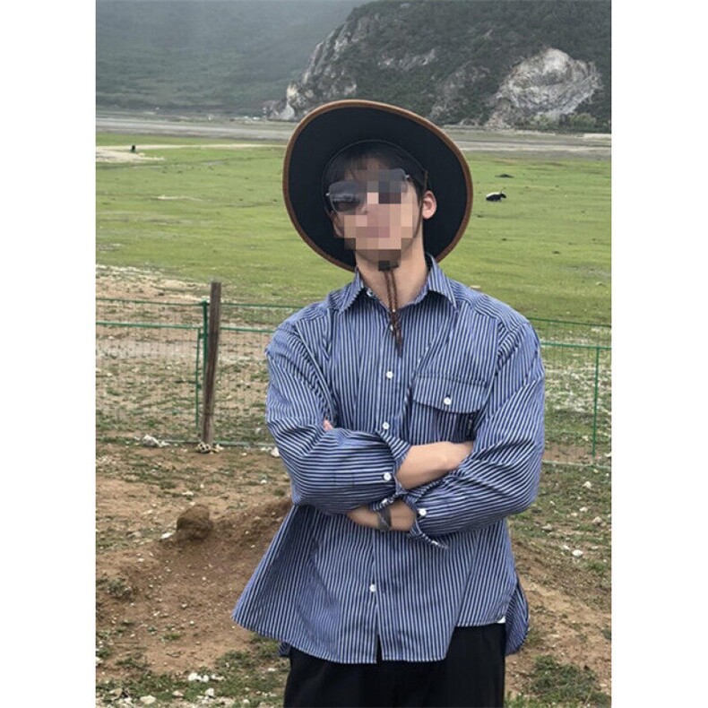 日系廓形宽松细条纹长袖衬衫男女薄外套复古休闲宽松衬衣 C297图片