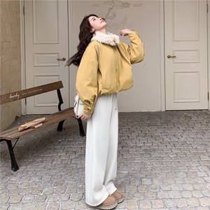 黄色大翻领羊羔毛拼接羽绒服女冬季2025新款小个子短款加厚派克服图片