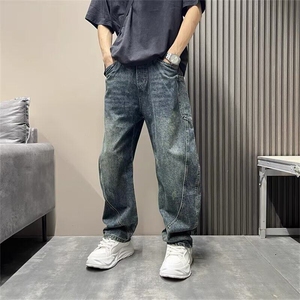 美式弯刀裤男士秋季大口袋拼接牛仔裤潮流百搭阔腿裤男弯刀牛仔裤图片