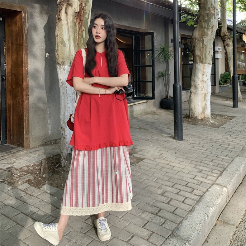 温柔系穿搭甜美红色t恤裙时尚洋气韩版条纹半身裙两件套女夏新款,女装套装/套裙,2C201