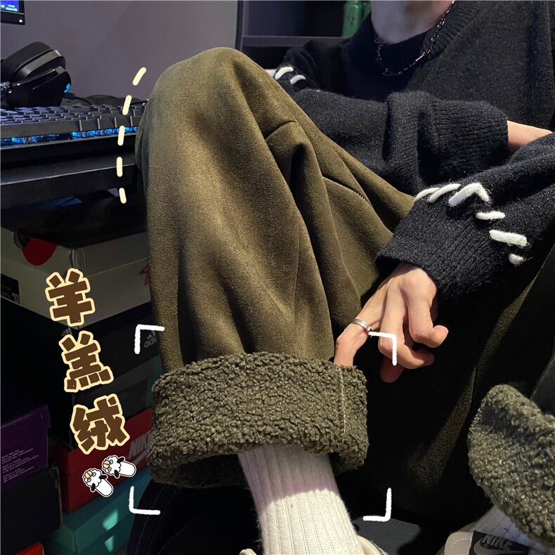 麂皮超厚羊羔绒裤子男款冬季加绒500g重磅卫裤美式防风防寒直筒裤,男装棉衣,星座612