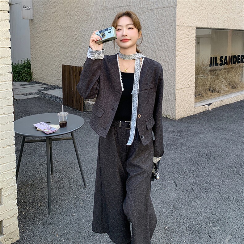 高级感复古飘带小香风套装女2025春新款蕾丝拼接阔腿八分裤两件套,女装套装/套裙,2C239