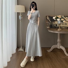韩版女夏季新款时尚洋气套装裙灰色圆领短袖上衣半身长裙两件套潮，女装套装/套裙，2C310
