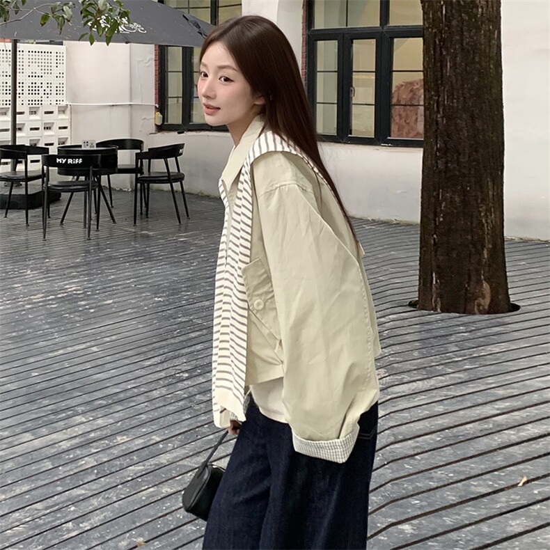 条纹披肩翻领浅卡其外套女春秋2025新款高级感夹克上衣韩版超好看,女装短外套,浙宝193A