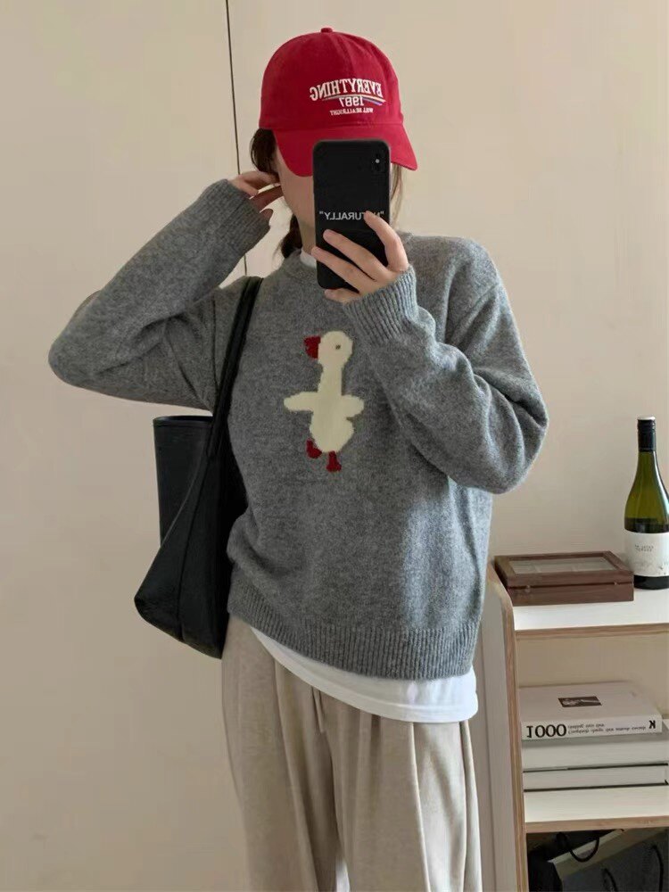 2025年秋季圆领长袖单件套头小鸭子提花时尚百搭，女装针织衫/毛衣，伊绒腾羊绒