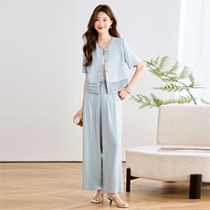 休闲通勤时尚套装女2025夏季新款木耳边圆领上衣阔腿长裤两件套，女装套装/套裙，辉之琳