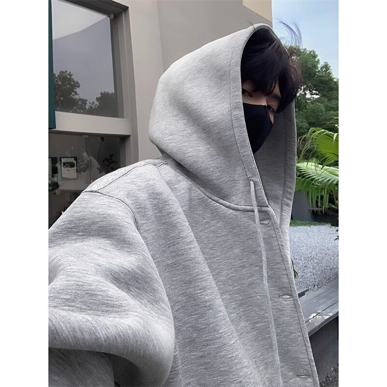 灰色美式系扣连帽卫衣男款春秋季潮牌痞帅高级感oversize重磅外套,男装夹克,星座506A