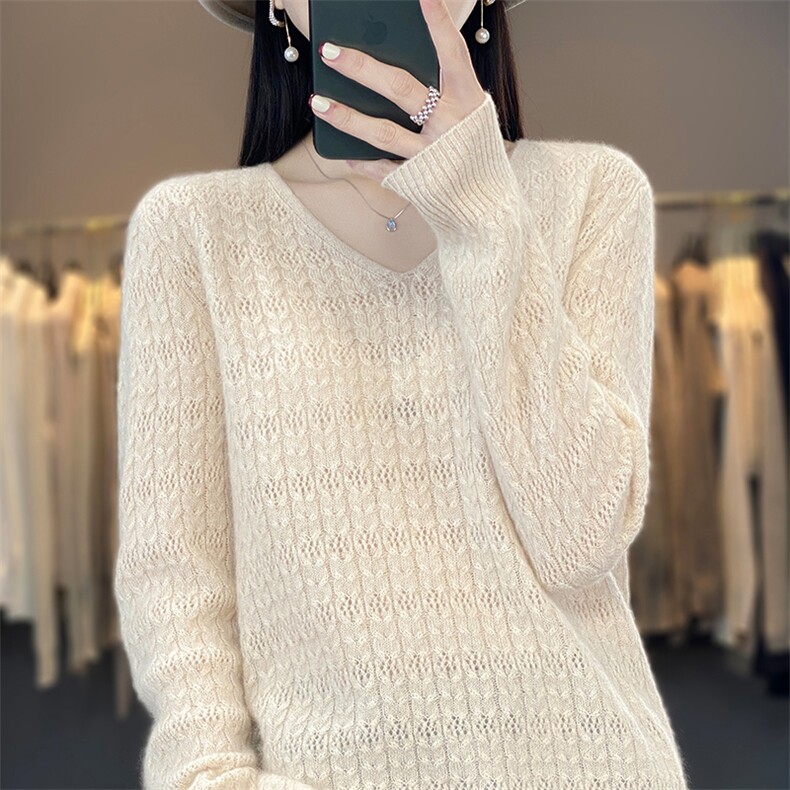 休闲简约淑女气质V领高级感羊毛衫2024年秋季,女装羊毛衫,绒迪羊绒