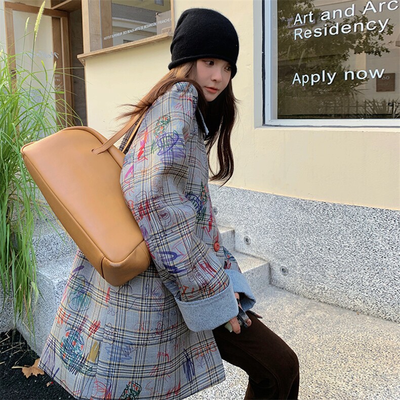 韩系休闲减龄单排扣灰色格子涂鸦风衣外套女2025春秋独特漂亮上衣,女装风衣,浙宝276（原081）