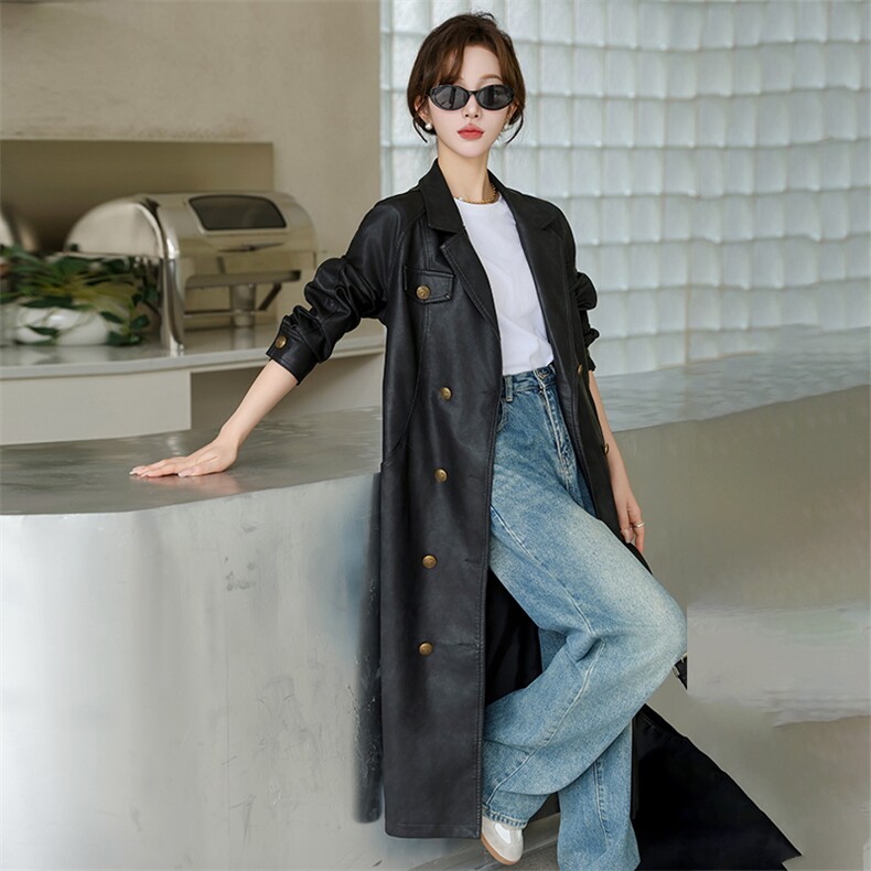 现货大女主媲美仿真皮韩版质感咖色皮风衣翻领中长款外套皮夹克,女装皮衣,江南女神