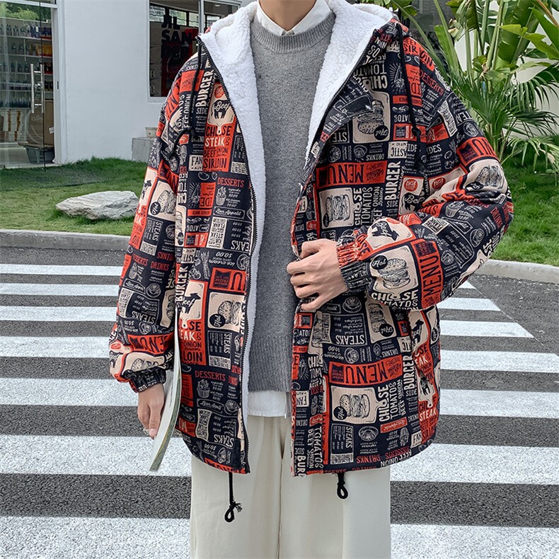 2025冬装涂鸦印花男士羊羔毛棉衣连帽宽松棉服棉袄M505-特P110,男装棉衣,电商A006