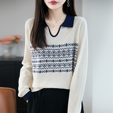 秋冬新款精纺针织衫毛衣女拼色POLO领提花上衣宽松长袖打底毛衫，女装羊毛衫，唐诺