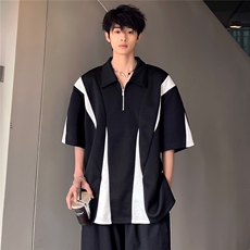 小众设计师男装正肩polo衫短袖男夏季黑白拼接t恤半拉链T64-P48，男装T恤，电商C307