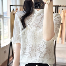 2025年夏季三个斜扣旗袍领时尚百搭短袖，女装T恤，森墨