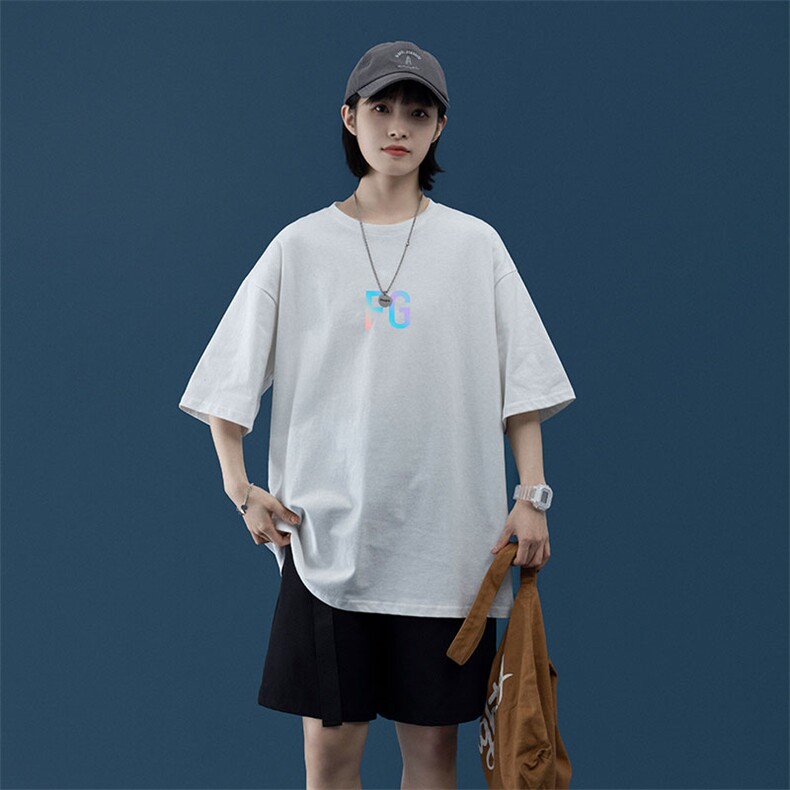 2024夏季新款宽松大码中性风反光FG男女运动短袖纯棉T恤T1915-P22图片