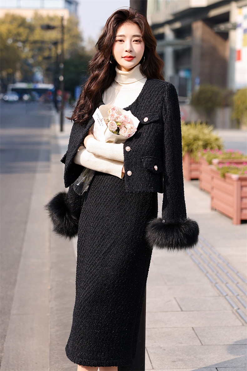 冬季新款小香风羽绒套装显瘦保暖时尚女装外套+半身裙两件套,女装套装/套裙,韩蜜菓