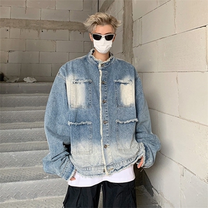 美式复古牛仔外套潮牌男士短款秋冬季毛边设计高级感痞帅休闲夹克,黑色polo衫搭配什么裤子男士图片