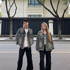 美式高街做旧设计感拼接毛边牛仔夹克春秋季宽松小众潮牌情侣外套，男装工装外套，星座1210-1
