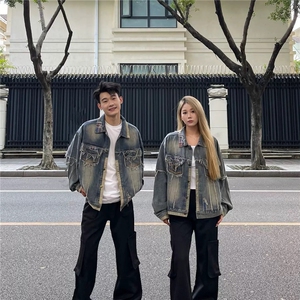 美式高街做旧设计感拼接毛边牛仔夹克春秋季宽松小众潮牌情侣外套图片
