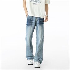 小众裂纹设计水洗浅蓝色牛仔裤男款美式潮流XZ201-S801P45，男装牛仔裤，星座201