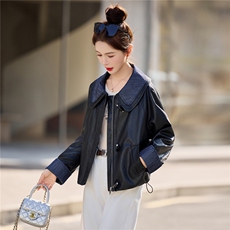 【春季女装新款】大量现货牛仔相拼短款皮衣外套P125-K210，女装皮衣，简古