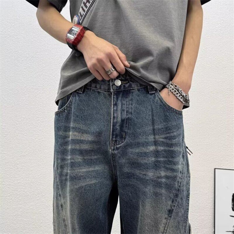 美式复古拼接解构阔腿牛仔裤男女小众设计感宽松直筒潮牌长裤,男装牛仔裤,星座410-7