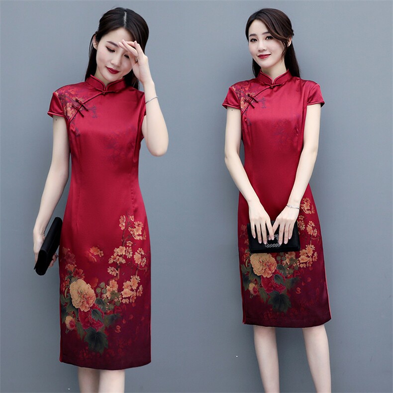 专柜精品重磅真丝弹力缎高奢时尚修身中长款婚庆双层晚礼服旗袍，女装汉服/婚纱/旗袍/礼服，媚琳依坊